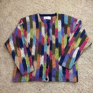 Vtg Jane’s Closet Small Patchwork Cardigan Sweater Bright Rainbow Colorful Knit